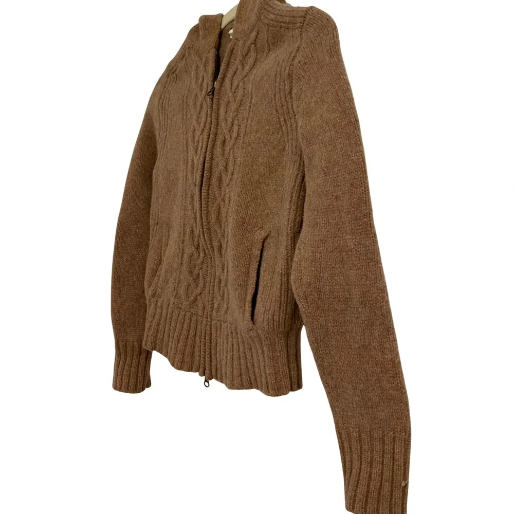 J. Crew Cabincore Cable Knit Hoodie Women Small Tan Brown Zip Front Wool Sweater